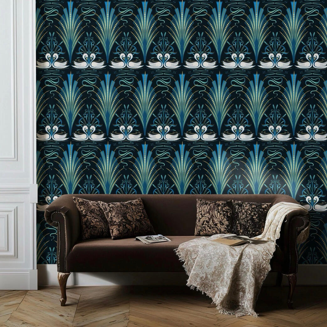 Untitled Moody blue Art Deco swan wallpaper behind a dark velvet sofa in an elegant living room with classic architectural details.