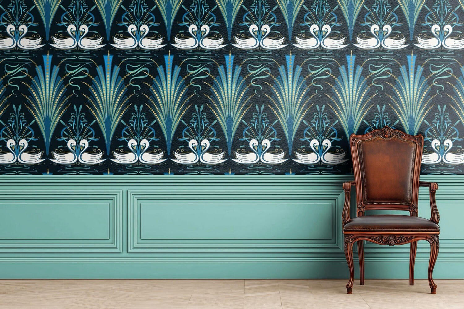 Untitled Elegant Art Deco swan wallpaper above teal wainscoting with a vintage wooden chair in a sophisticated sitting room.