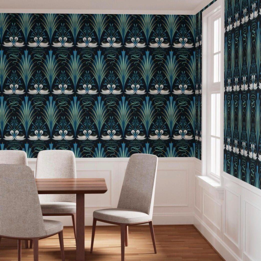 Untitled Teal and navy Art Deco swan wallpaper featured in a bright dining room with white wainscoting and modern upholstered chairs.