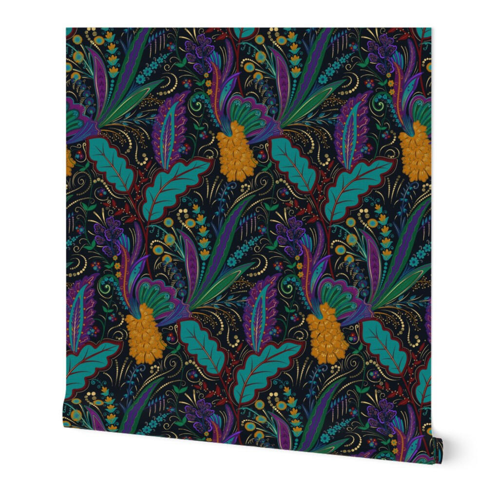 Untitled Wallpaper roll displaying a seamless black botanical pattern with teal foliage, purple flowers, and golden floral accents.