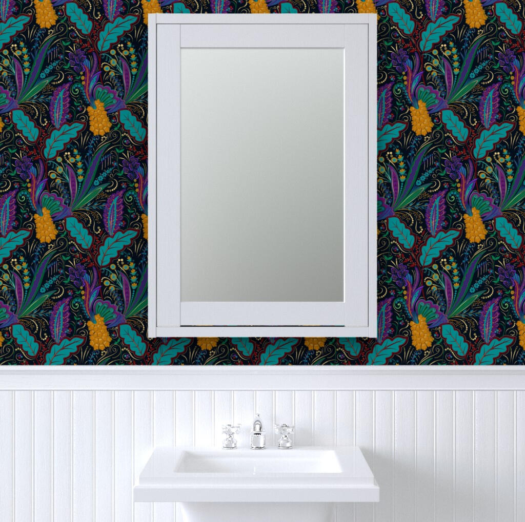 Untitled Bathroom vanity with a white framed mirror above beadboard walls, featuring dramatic black wallpaper with teal and purple botanical leaves and golden floral accents.