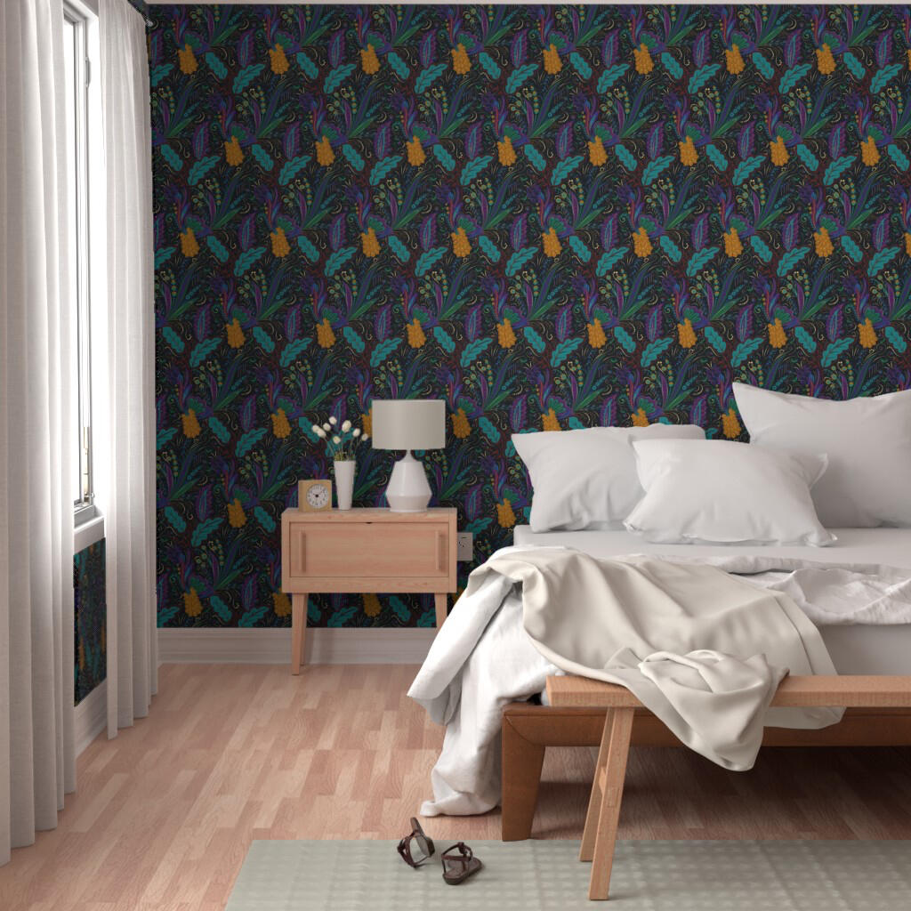 Untitled Minimalist bedroom with light wood furniture and a statement wall of black botanical wallpaper in jewel tones of teal, purple, and gold.