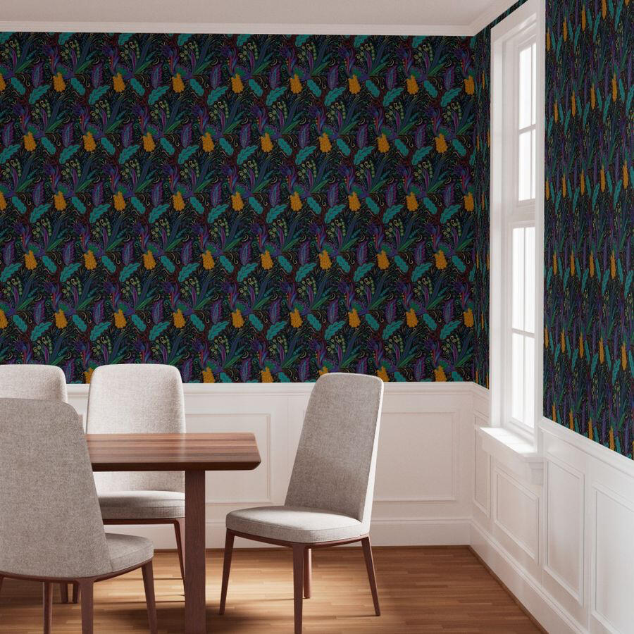 Untitled Dining room with white wainscoting and dramatic black wallpaper showcasing an intricate botanical pattern in teal, purple, and gold.