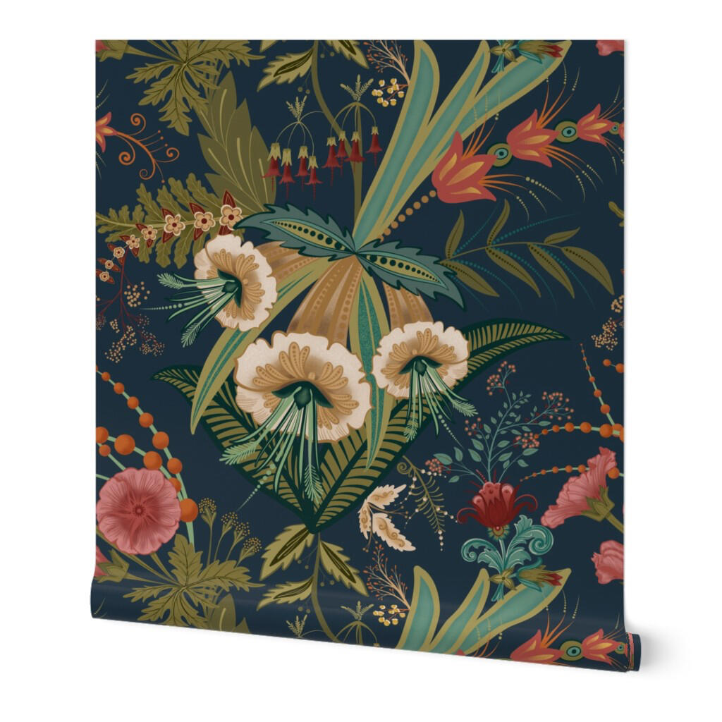 Untitled Rolled wallpaper displaying a dark botanical pattern with cream flowers, tropical leaves, and coral floral accents.