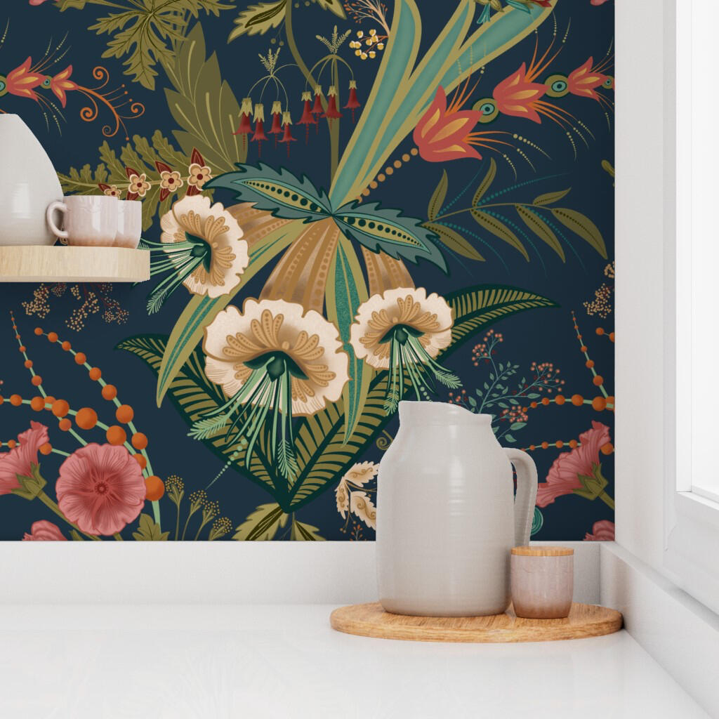 Untitled Close-up view of colorful botanical wallpaper showcasing cream flowers, tropical foliage, coral blooms, and intricate greenery as the backdrop to a kitchen counter.