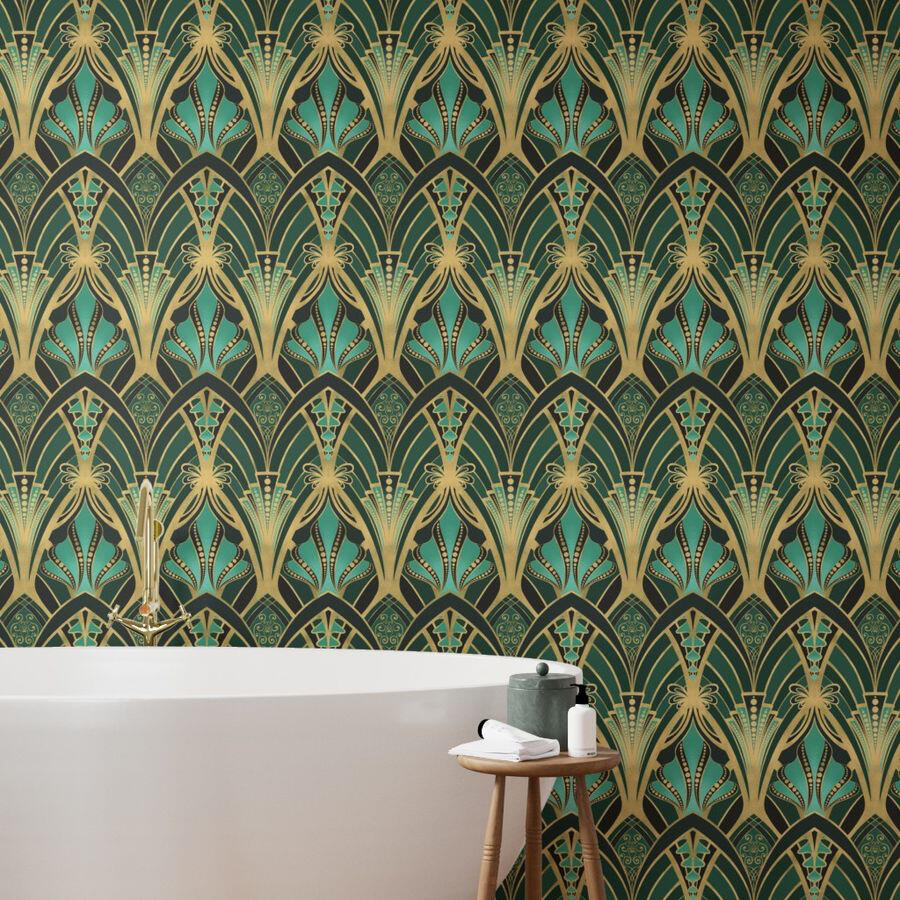 Untitled Elegant bathroom showcasing Art Deco wallpaper with gold fan motifs and teal accents above a freestanding white bathtub.