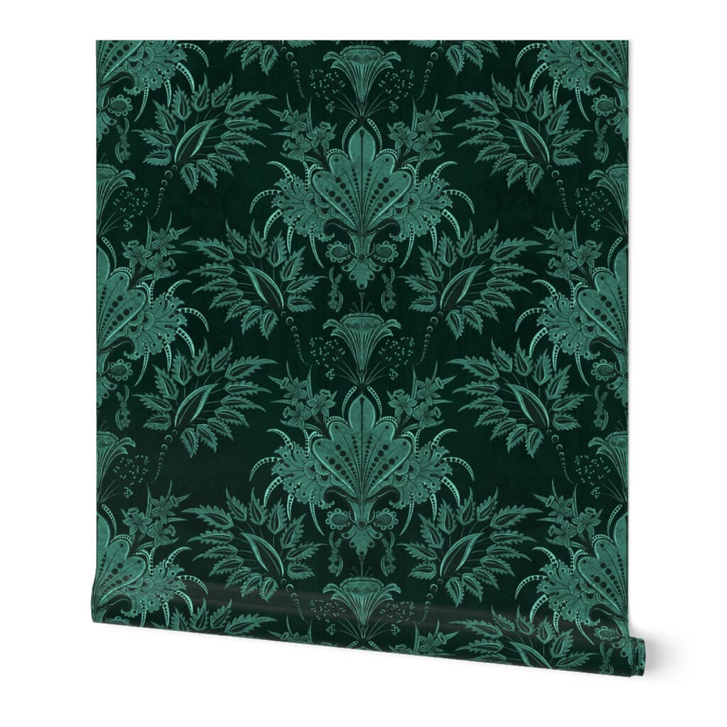 Victorian floral damask wallpaper with layered botanical motifs in deep teal and emerald green on a dark background.