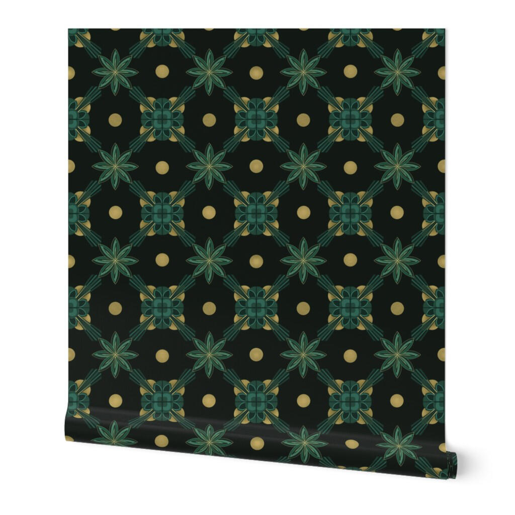 Geometric Art Deco wallpaper with repeating starburst motifs, gold dots, and emerald accents on a black background.