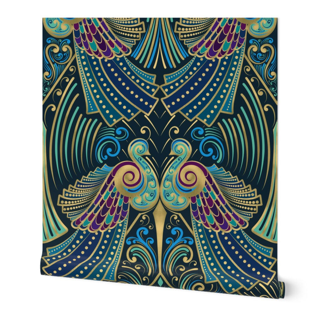 Art Deco peacock wallpaper with jewel-tone feathers, gold accents, and ornate symmetrical detailing on a navy background.