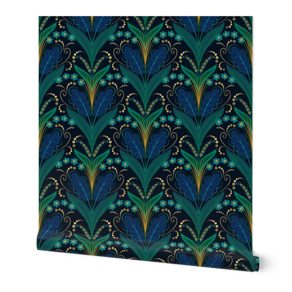 Modern folk floral wallpaper with stylized blue and teal flowers, dotted details, and a dark dramatic background.