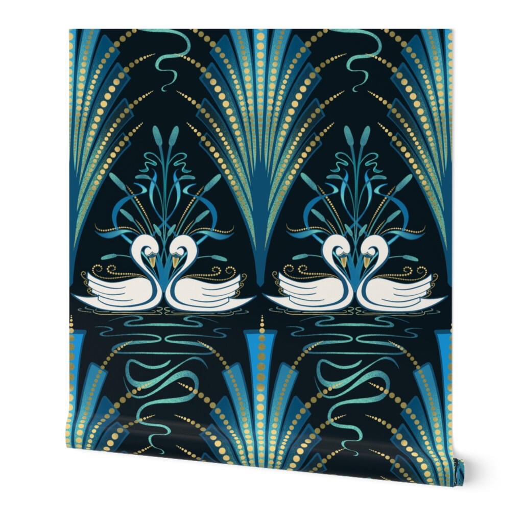 Art Nouveau and Art Deco inspired swan wallpaper featuring elegant white swans, flowing lines, and blue jewel tones.