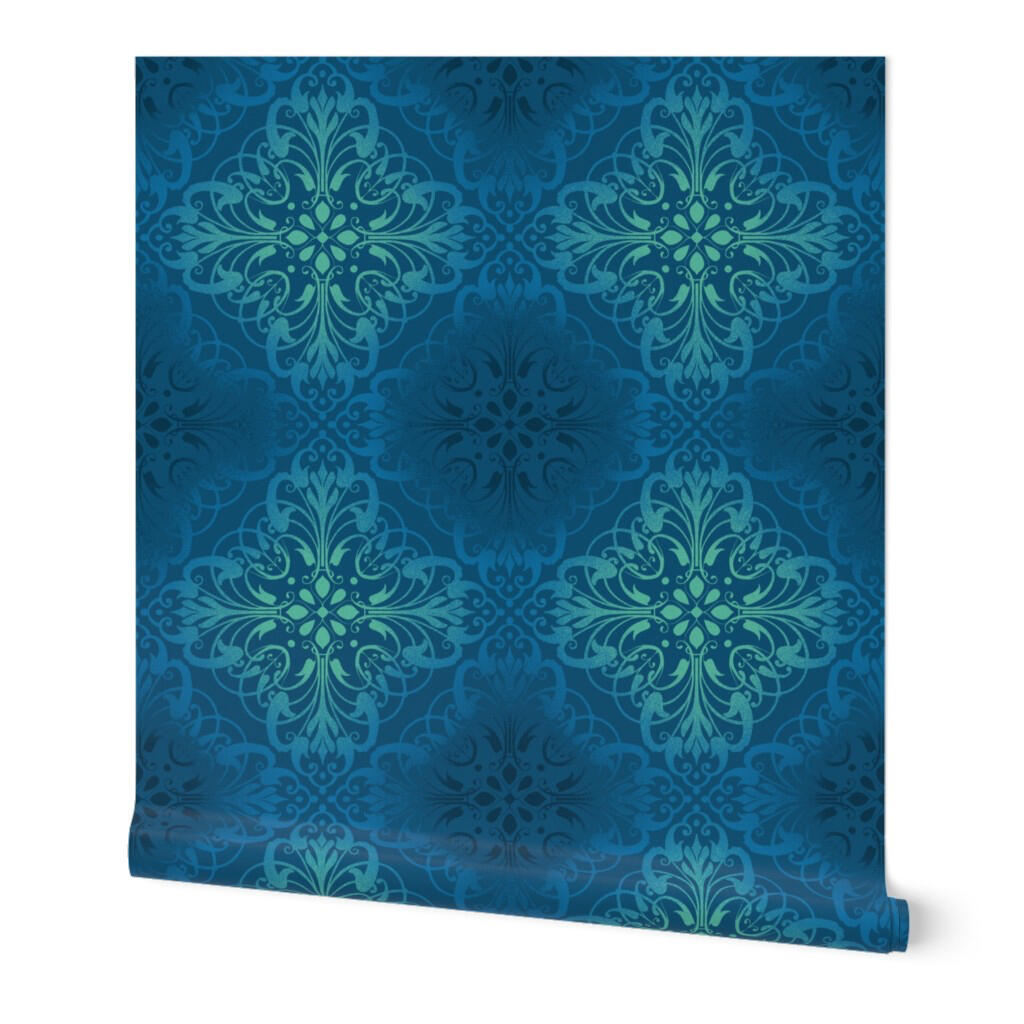 Blue shimmer damask wallpaper with ornate medallion motifs and layered tonal patterns for elegant interiors.