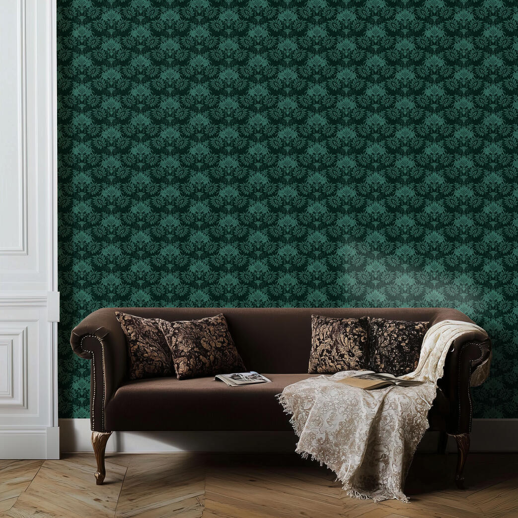 Untitled Classic living room with dark green damask wallpaper, a brown velvet sofa, and warm traditional decor.