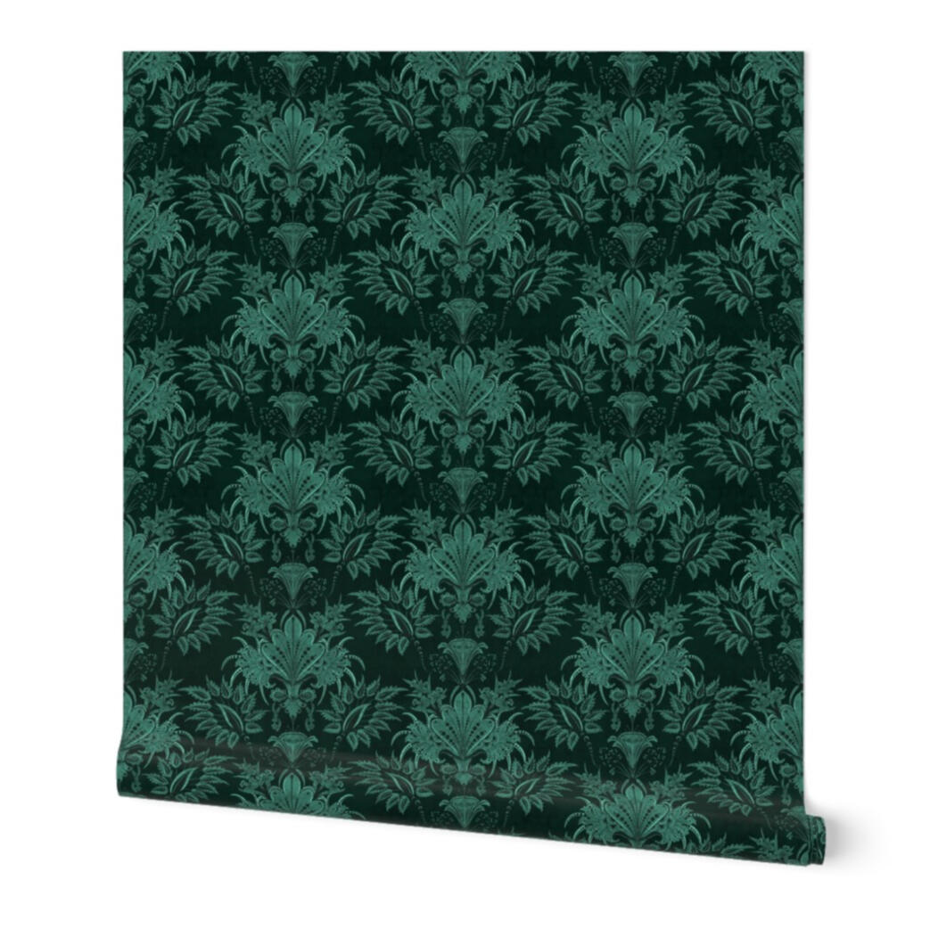 Emerald Roll of dark green damask wallpaper showcasing an ornate vintage-inspired floral pattern.