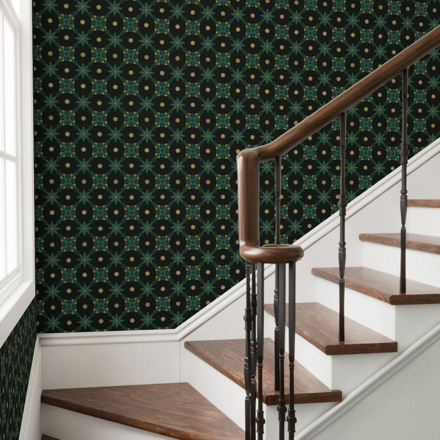 Untitled Wood staircase accented with dramatic emerald green and gold geometric wallpaper inspired by Art Deco design.