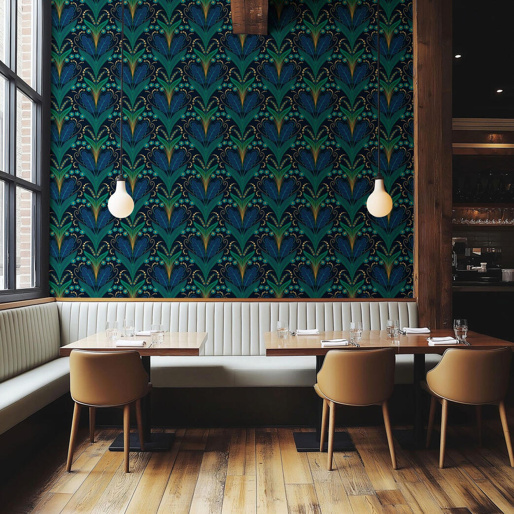 Untitled Moody blue and emerald Art Deco wallpaper creating an elegant backdrop for a modern restaurant dining area with wood accents.