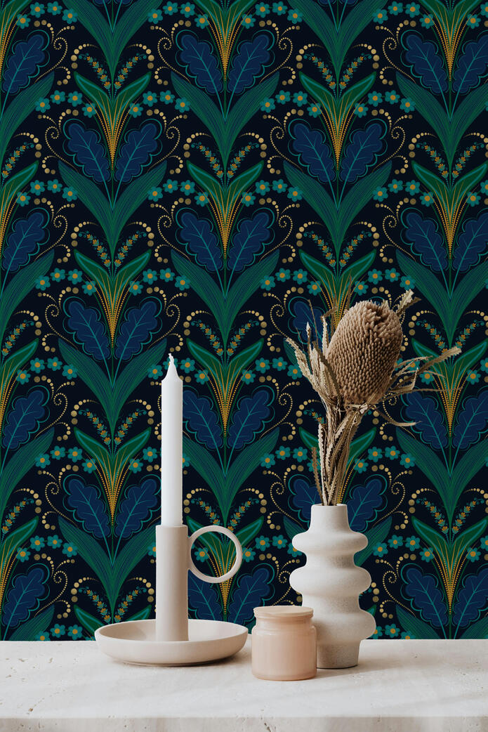 Untitled Close-up of a luxurious Art Deco wallpaper featuring stylized blue and teal botanical fans with delicate gold dotted accents on a dark background.